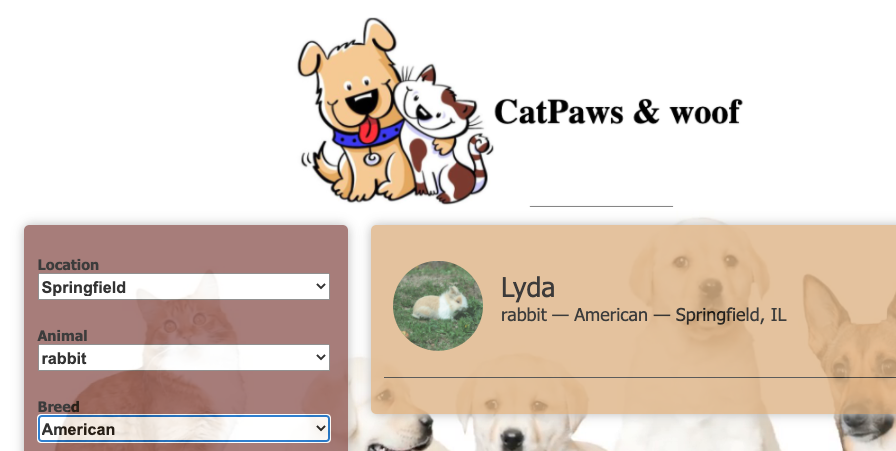 Screenshot of the CatPaws & woof website.